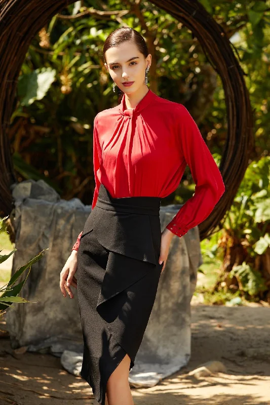 Ruby Radiance Pleated Satin Blouse Polished Work Blouse