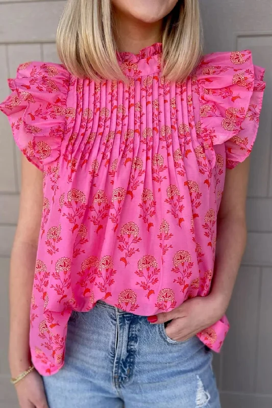 Ruffled Printed Mock Neck Cap Sleeve Blouse Peter Pan Blouse