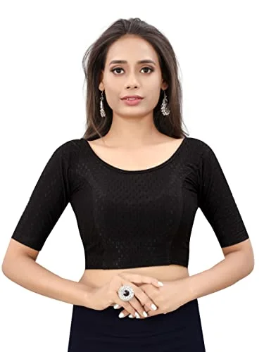 SAGIBO Round Neck Dobby Cotton Lycra Stretchable Elbow Sleeve Readymade Saree Blouse for Women Stylish Loose Fit Blouse
