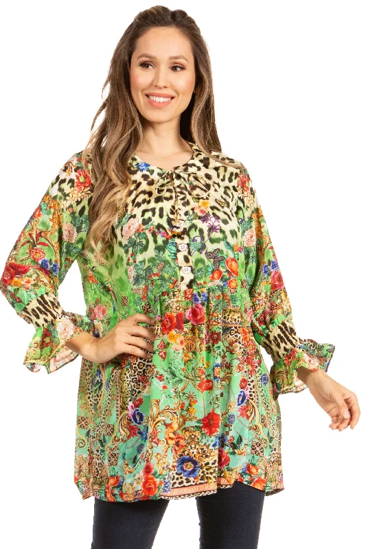 Elvira Floral Tunic Blouse - Women's Loose Swing Top with Long Sleeves and Scoop Neck by Sakkas Oversized Silk Blouse Elvira Floral Tunic Blouse - Women's Loose Swing Top with Long Sleeves and Scoop Neck by Sakkas Oversized Silk Blouse