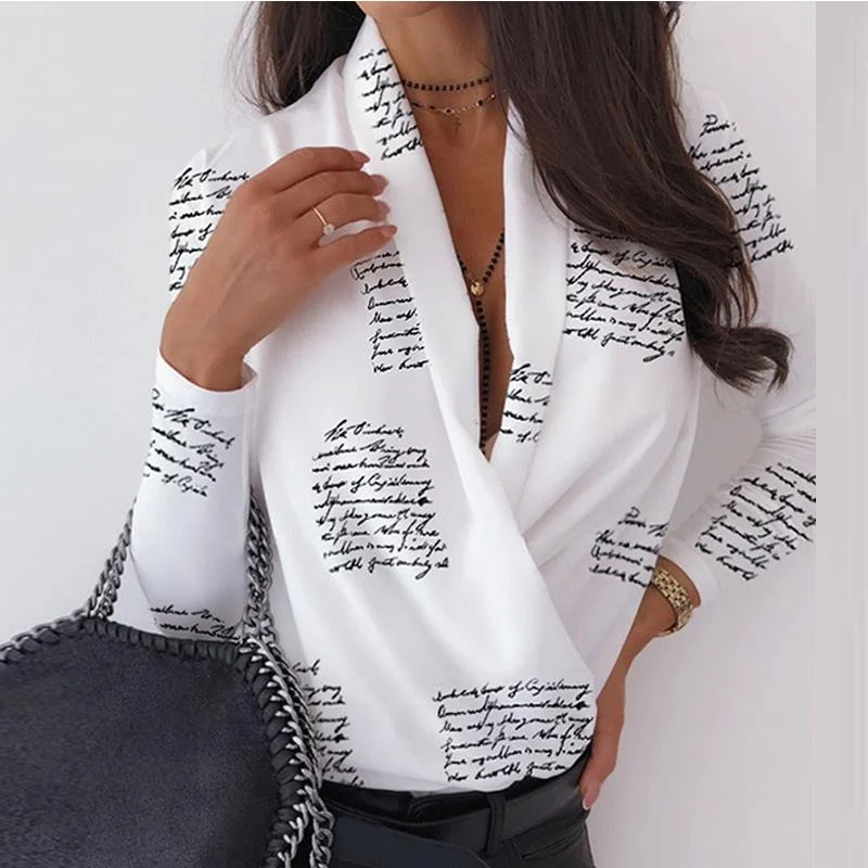 Sexy Deep V-Neck Blouse Print Elegant Office Oversized Silk Blouse
