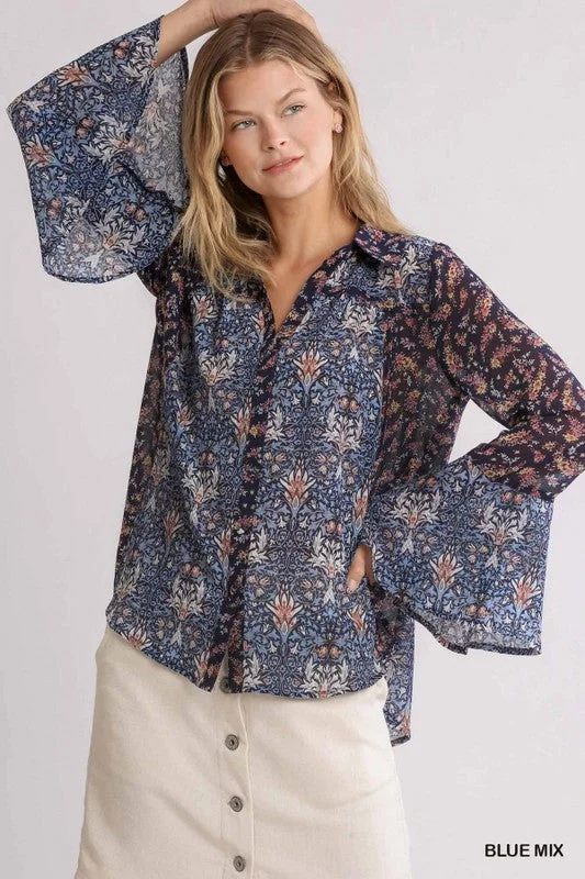 Sheer Mix Floral Bell Sleeve Blouse Gathered Detail Blouse