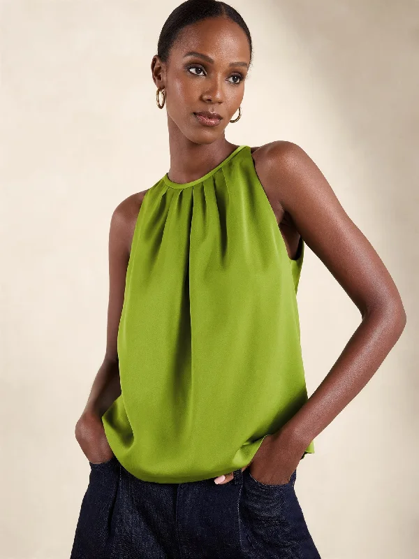 Shirred-Neck Blouse Asymmetric Hem Blouse