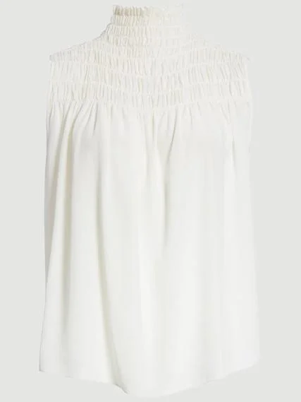 Silk Smocked Sleeveless Blouse -- Off White Smart Casual Blouse