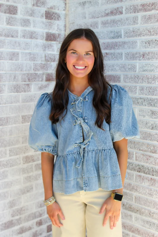 Sofie The Label - Norah Denim Blouse with Front Ties High Neck Blouse