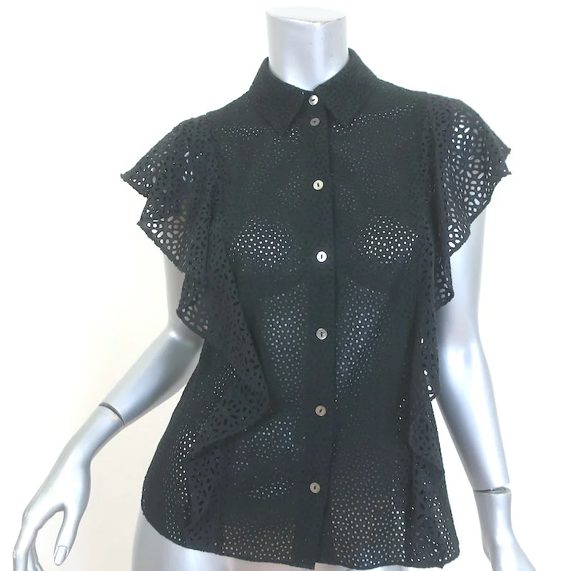 Theory Nova Eyelet-Embroidered Ruffle Top Black Size Small Button-Up Blouse Office Formal Blouse Theory Nova Eyelet-Embroidered Ruffle Top Black Size Small Button-Up Blouse Office Formal Blouse