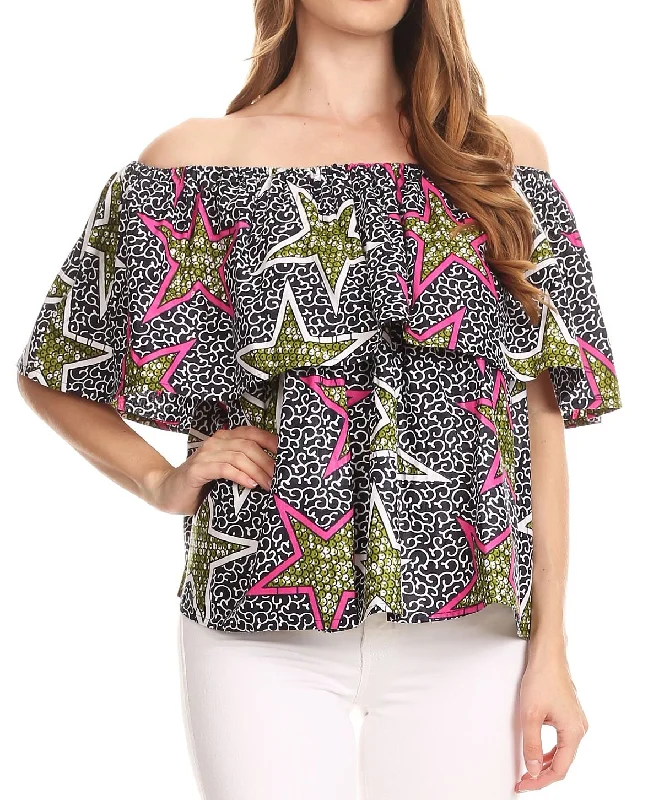 Sakkas Imani Colorful Wax African Ankara Dutch Off-shoulder Blouse Top Gorgeous Chic Square Blouse Sakkas Imani Colorful Wax African Ankara Dutch Off-shoulder Blouse Top Gorgeous Chic Square Blouse