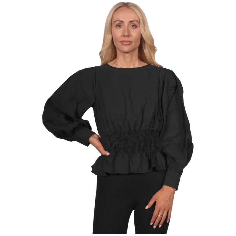 Topshop Women's Long Sleeve Ruched Waist Blouse - Black Airy Cotton Blouse