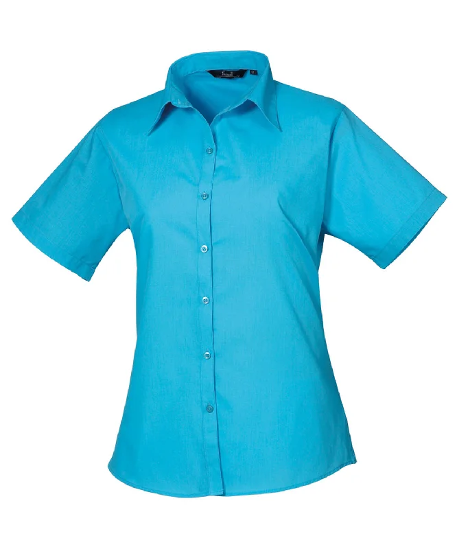 Turquoise* - Women's short sleeve poplin blouse Feminine Tie Blouse