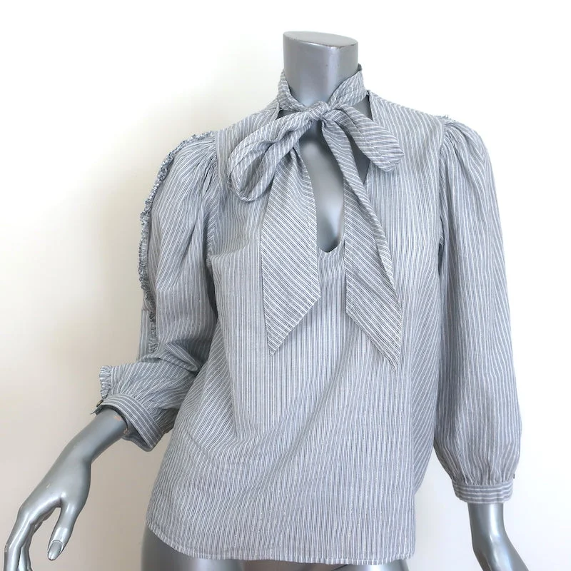 Ulla Johnson Julie Tie-Neck Blouse Gray/White Lurex-Striped Cotton Size 6 Floral Chiffon Blouse Ulla Johnson Julie Tie-Neck Blouse Gray/White Lurex-Striped Cotton Size 6 Floral Chiffon Blouse
