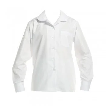 White <br>Girls Long Sleeved Peter Pan Blouse Stretchy Fitted Blouse