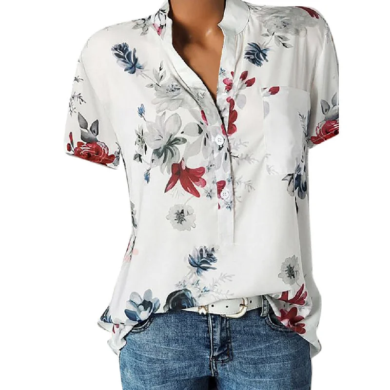 Women Printing Pocket Plus Size Blouse Elegant Peplum Blouse