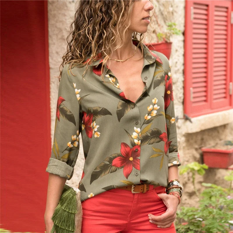 Womens Tops and Blouses Floral Print Stretchy Fitted Blouse