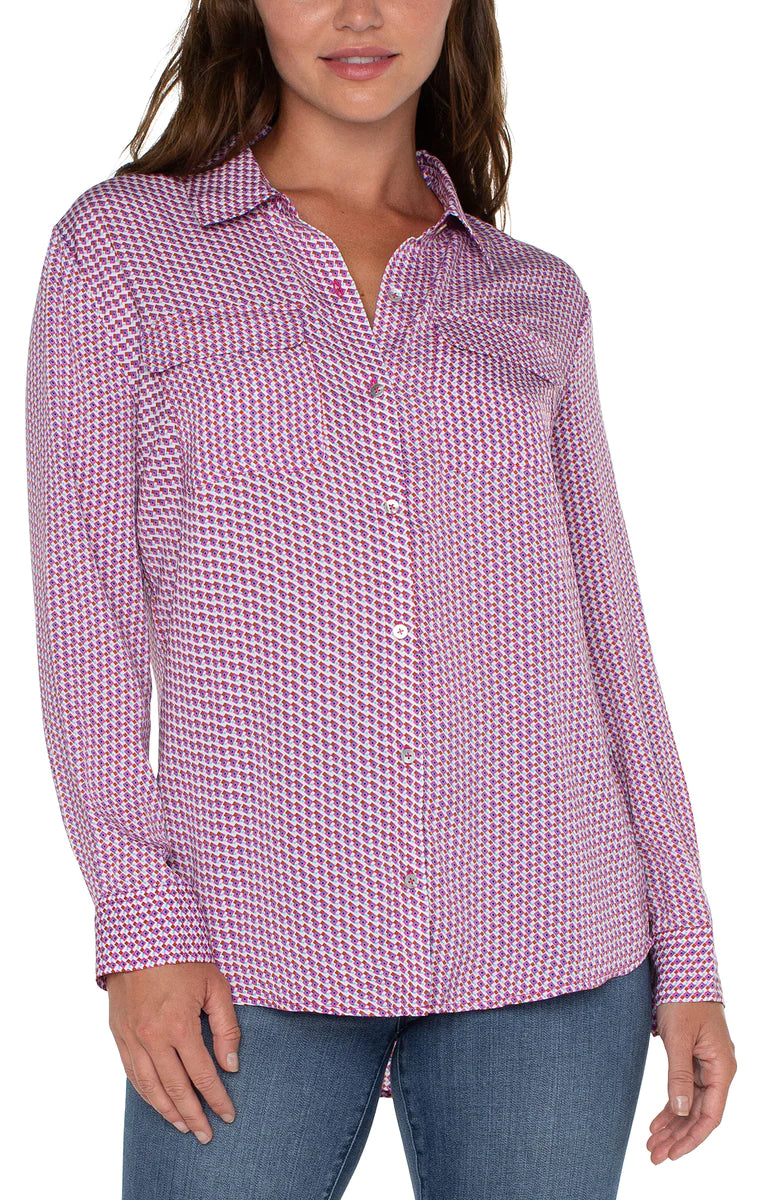 Woven Blouse with Pocket in Fuchsia Peter Pan Blouse