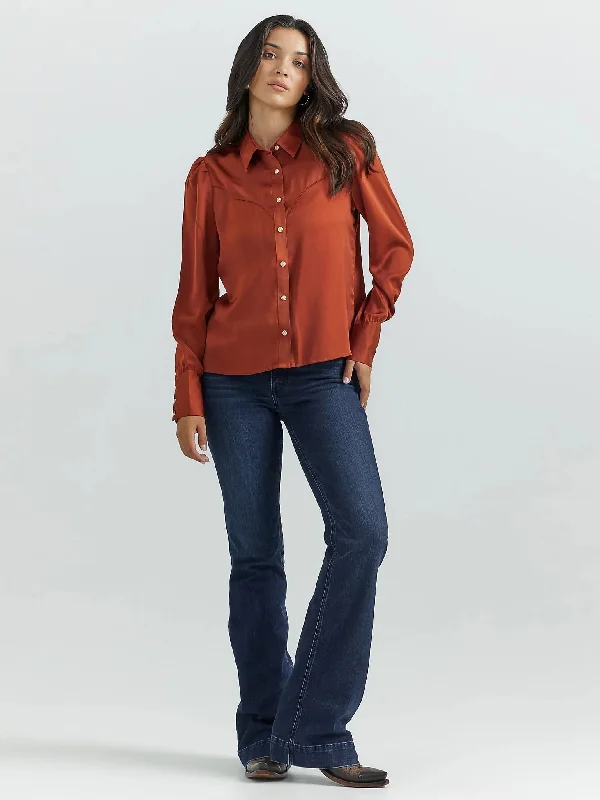 Wrangler Women's Satin Rodeo Blouse  - Burnt Orange Embroidered Floral Blouse