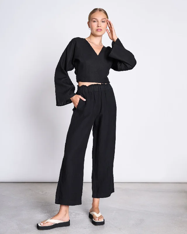 LINEN WRAP BLOUSE RORA BLACK Casual Stripe Blouse