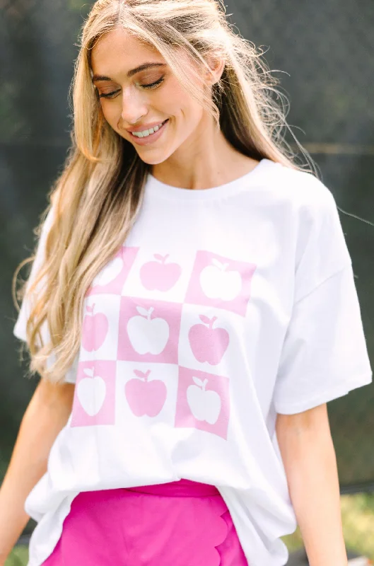 Back To School White Apple Graphic Tee Collared Crew Neck Turtle Neck
