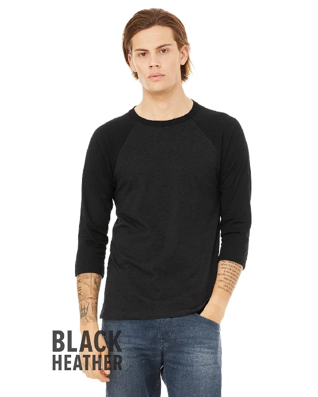 Bella+Canvas Unisex Triblend 3/4-Sleeve Baseball T-Shirt | Blk Heather/ Blk Fitted T-Shirt Seamless Stretchy Bella+Canvas Unisex Triblend 3/4-Sleeve Baseball T-Shirt | Blk Heather/ Blk Fitted T-Shirt Seamless Stretchy