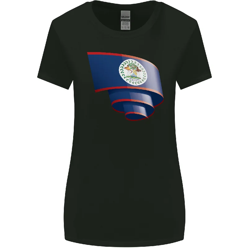 Curled Belize Flag Belizean Day Football Womens Wider Cut T-Shirt Embroidered Appliqued Beaded Curled Belize Flag Belizean Day Football Womens Wider Cut T-Shirt Embroidered Appliqued Beaded