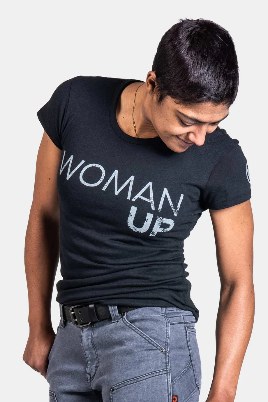 Dovetail Women's Woman Up™ Crew Neck Tee in Black Solid Print Embellished
