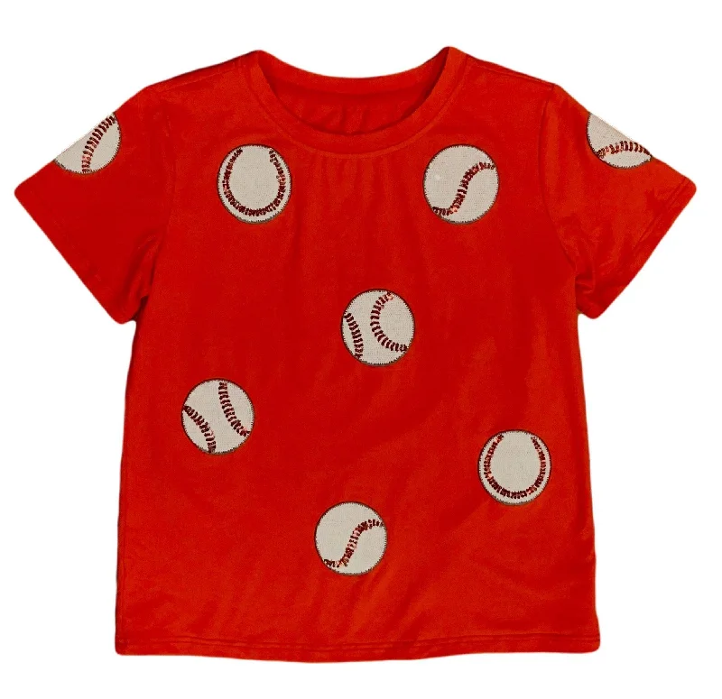 Fly Balls Red Baseball Tee Notch Collar Peter Pan Collar Cowl Neck