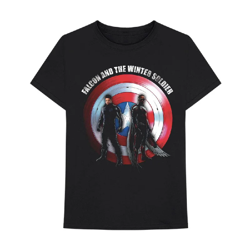 Marvel Comics | Official Band T-Shirt | Falcon & Winter Soldier Shield Logo Print Jacquard Patchwork Marvel Comics | Official Band T-Shirt | Falcon & Winter Soldier Shield Logo Print Jacquard Patchwork