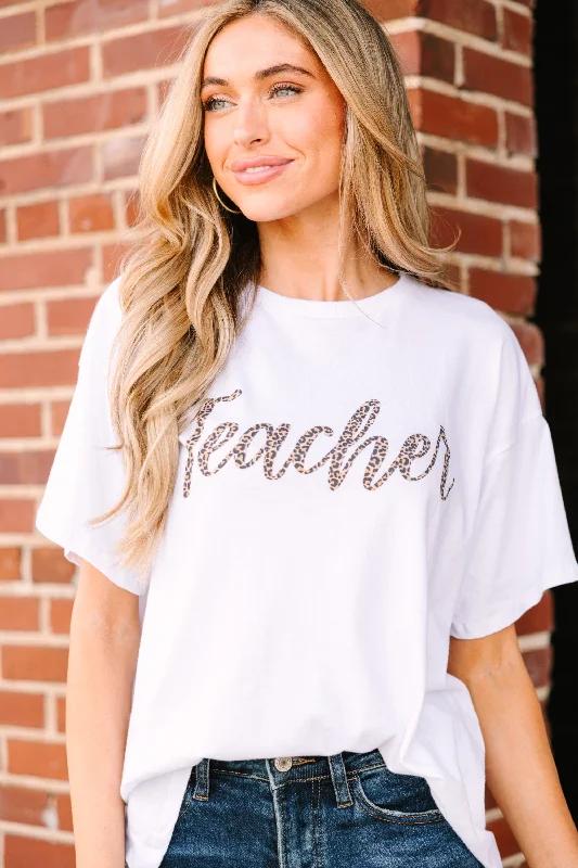 Leopard Teacher White Graphic Tee Polka Dot Checkered Tartan