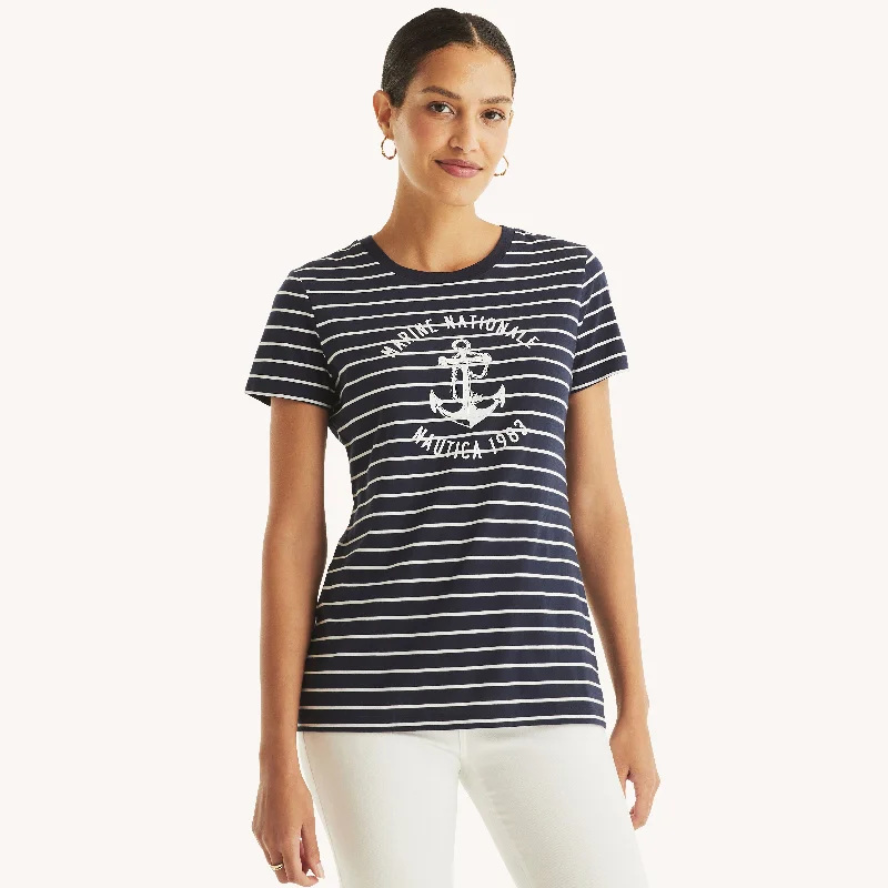 Nautica Womens Striped Marine Graphic T-Shirt Graphic T-Shirt Round Neck Polyester
