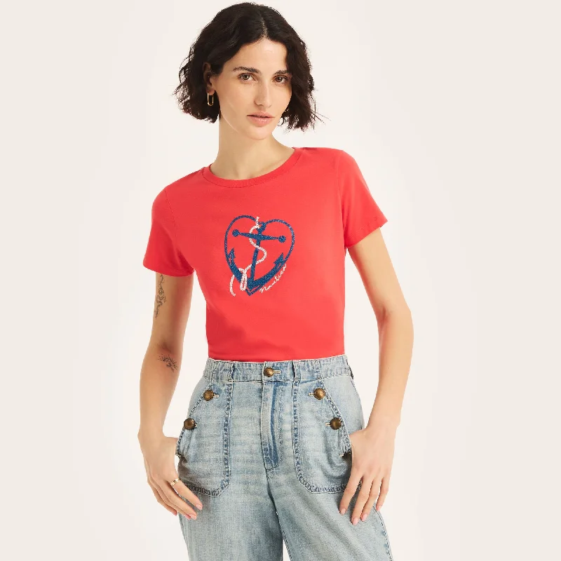 Nautica Womens Sustainably Crafted Glitter Hearted Anchor Graphic T-Shirt Terry Blend Velvet Blend Canvas Blend