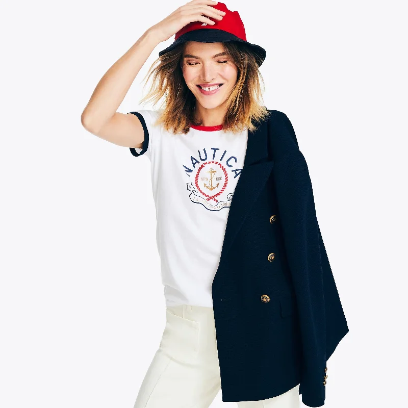 Nautica Womens Sustainably Crafted Heritage Foil Logo Graphic T-Shirt Plaid T-Shirt Polka Dot Checkered Nautica Womens Sustainably Crafted Heritage Foil Logo Graphic T-Shirt Plaid T-Shirt Polka Dot Checkered