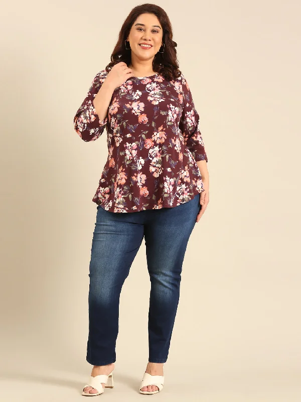 Plus Size Brown Floral Printed Jersey T-shirt Plaid T-Shirt Polka Dot Checkered