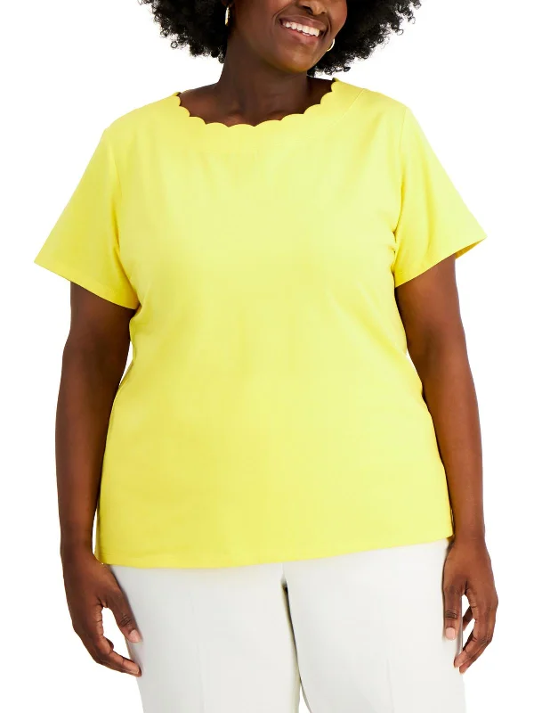 Plus Womens Scalloped Short Sleeve T-Shirt Beaded Sequined Faux Fur