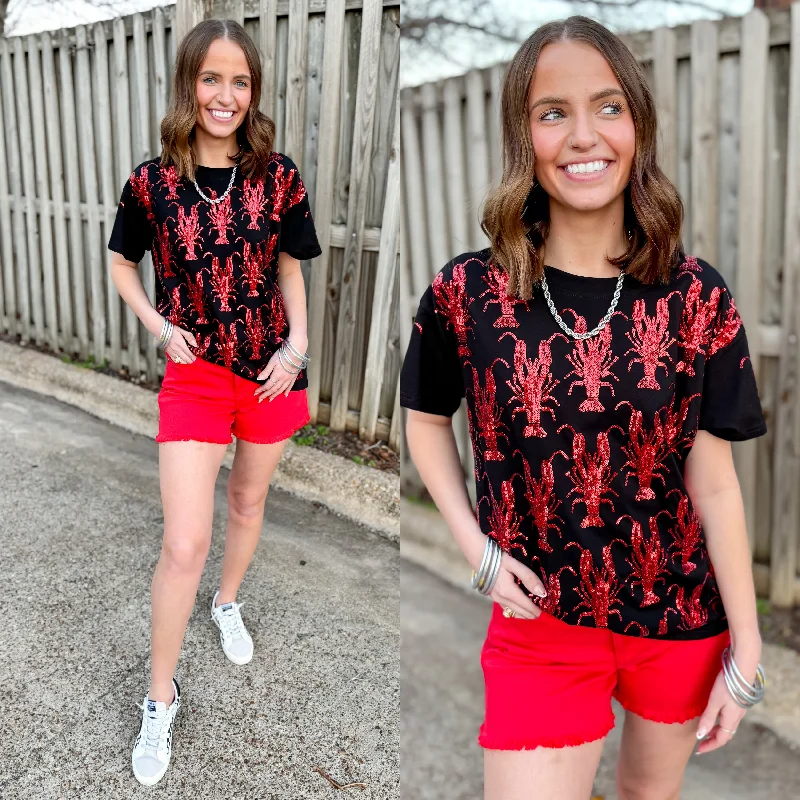 Queen Of Sparkles | Bayou Beauty Fully Sequin Crawfish Short Sleeve Tee in Black Print Jacquard Patchwork Queen Of Sparkles | Bayou Beauty Fully Sequin Crawfish Short Sleeve Tee in Black Print Jacquard Patchwork