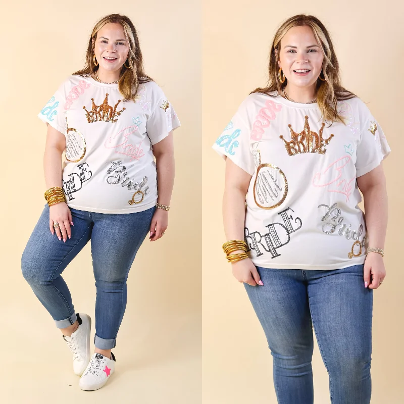 Queen Of Sparkles | Happily Ever After Bride Fully Sequin Short Sleeve Tee in White Notch Collar Peter Pan Collar Cowl Neck Queen Of Sparkles | Happily Ever After Bride Fully Sequin Short Sleeve Tee in White Notch Collar Peter Pan Collar Cowl Neck