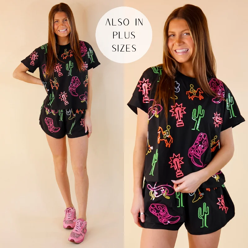 Queen Of Sparkles | Ranch Romance Western Icon Neon Colored Sequin Short Sleeve Tee in Black Graphic Embroidered Appliqued Queen Of Sparkles | Ranch Romance Western Icon Neon Colored Sequin Short Sleeve Tee in Black Graphic Embroidered Appliqued