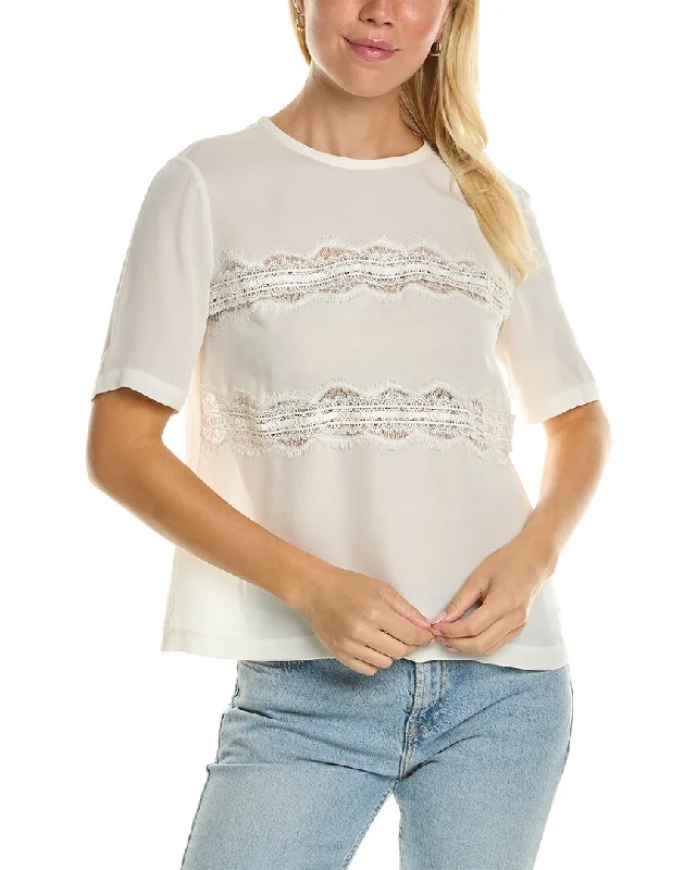 Rebecca Taylor Lace Silk T-Shirt Solid Color Striped Floral