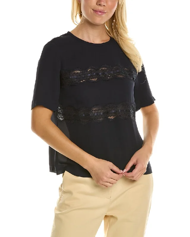 Rebecca Taylor Lace Silk T-Shirt Mesh Blend Leather Blend Suede Blend