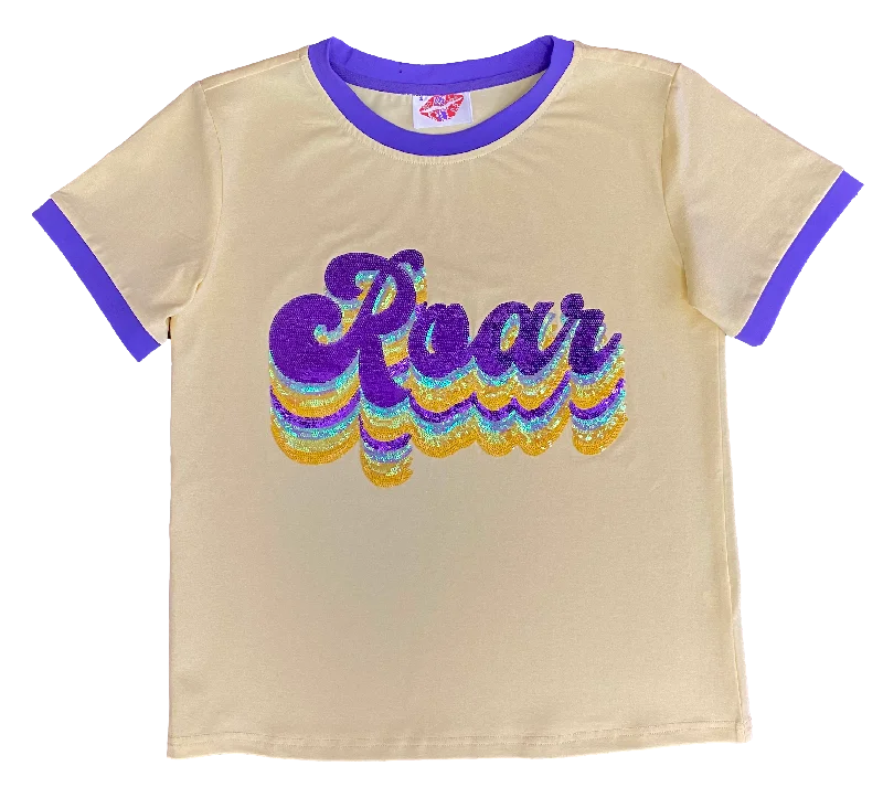 Retro Purple and Gold ROAR Tee Chenille Fabric Brocade Fabric Lace Fabric