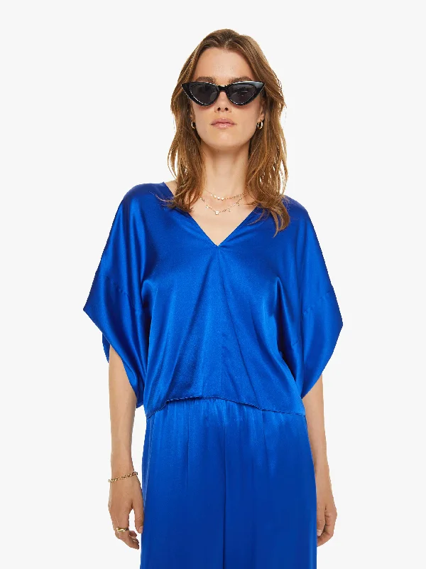 SABLYN Lido V-Neck Tee With Fold Back - Lapis Satin Blend Silk Blend Wool Blend