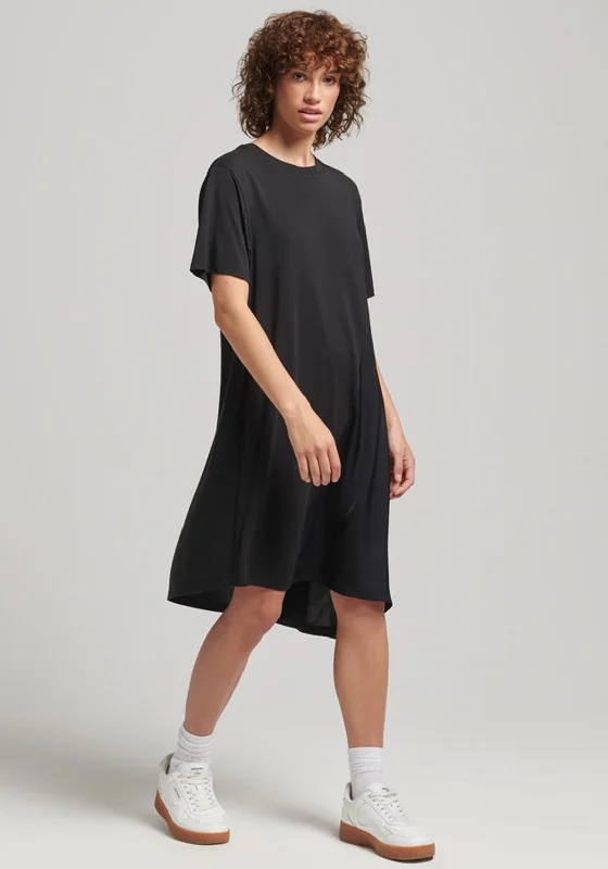 Superdry Womens Mix Fabric T-Shirt Dress, Black Notch Collar Peter Pan Collar Cowl Neck Superdry Womens Mix Fabric T-Shirt Dress, Black Notch Collar Peter Pan Collar Cowl Neck