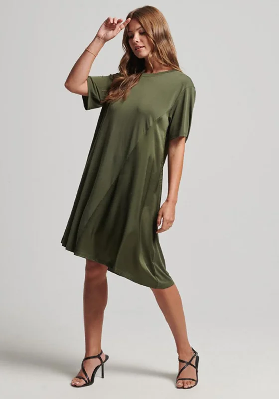 Superdry Womens Mix Fabric T-Shirt Dress, Green Houndstooth Herringbone Solid