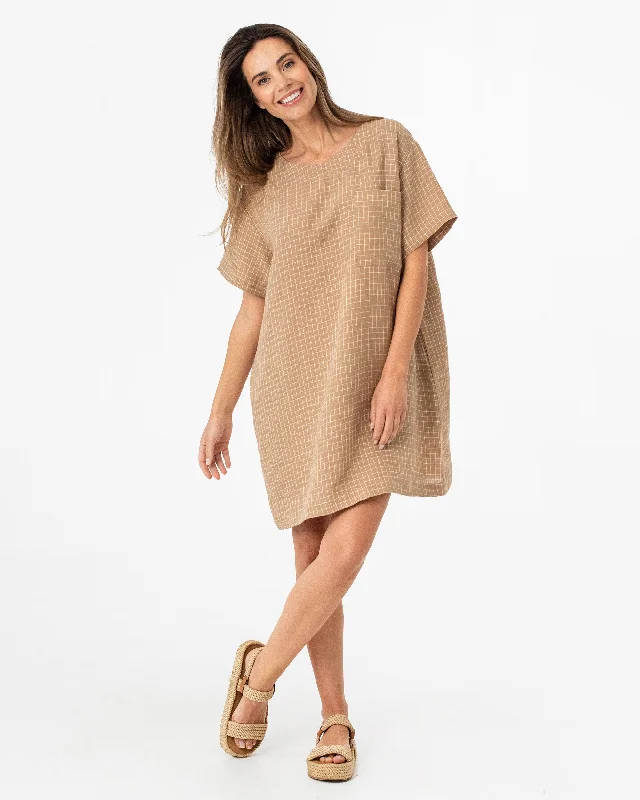 T-shirt linen dress MIJAS in Brown windowpane Hooded Caped Shawl Collar