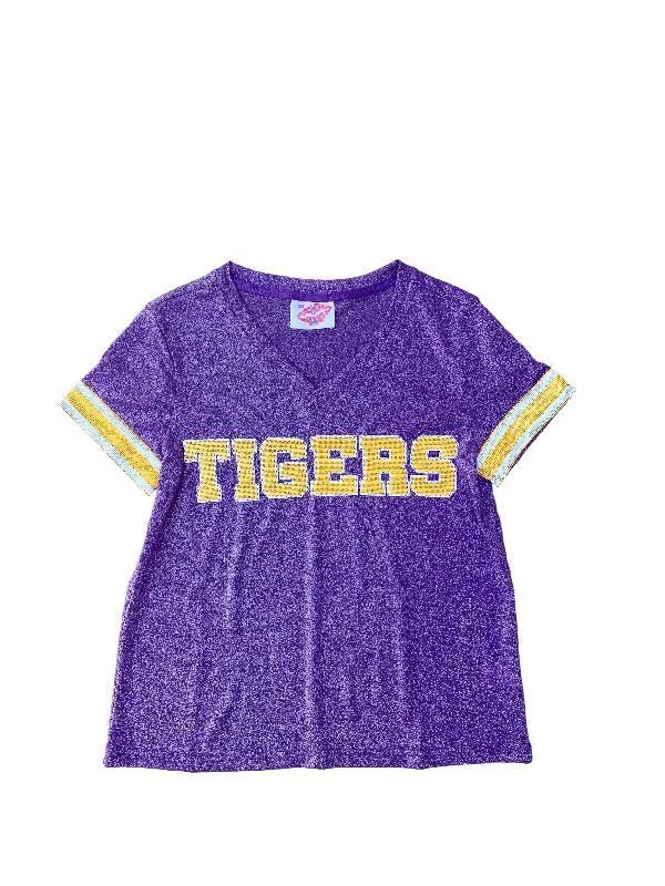 TIGERS Glitter Jersey Tee Purple Ribbed T-Shirt High Neck Heavyweight