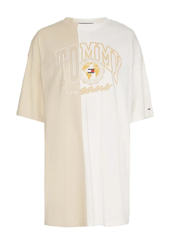 Tommy Jeans Womens Colour Block T-Shirt Dress, Beige & White Striped Floral Plaid