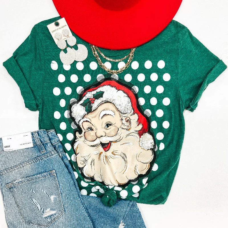 Last Chance Size Small & 3XL | Vintage Santa Short Sleeve Graphic Tee with Polka Dots in Green Jersey Fabric Tulle Fabric Batik Fabric Last Chance Size Small & 3XL | Vintage Santa Short Sleeve Graphic Tee with Polka Dots in Green Jersey Fabric Tulle Fabric Batik Fabric