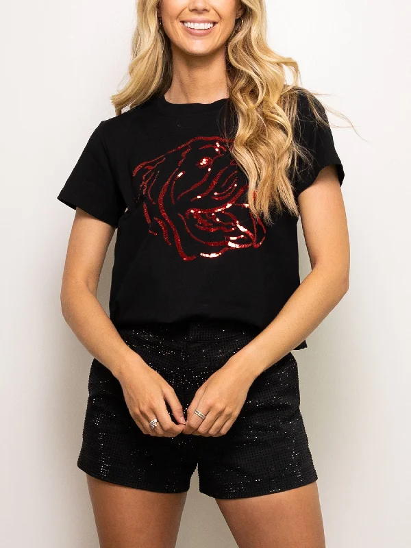 OUTLINE BULLDOG HEAD TEE Notch Collar Peter Pan Collar Cowl Neck