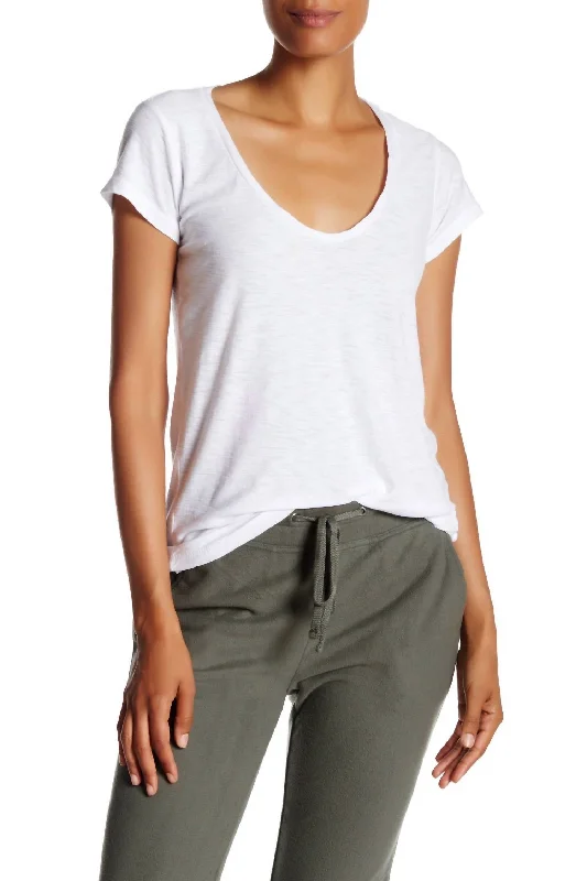 Women Deep V-Neck/scoopy Neck T-Shirt Standard In White Silk Blend Satin Velvet