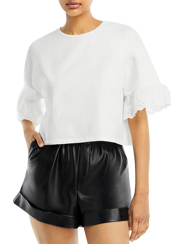 Womens Eyelet Trim Cropped T-Shirt Striped Floral Plaid