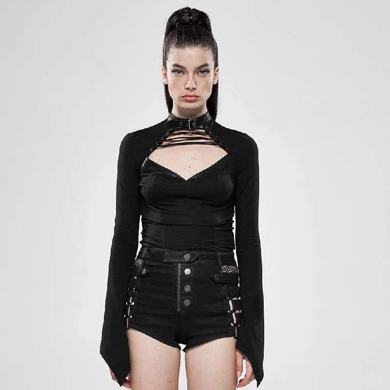 Women's Goth Hollow Out Toned Horn Sleeved Black T-shirts Solid Print Embellished