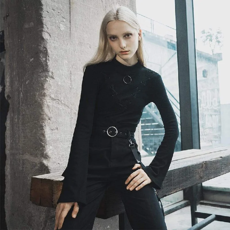 Women's Goth Lacing Flare Sleeved T-shirt Oversized T-Shirt Spandex breathable